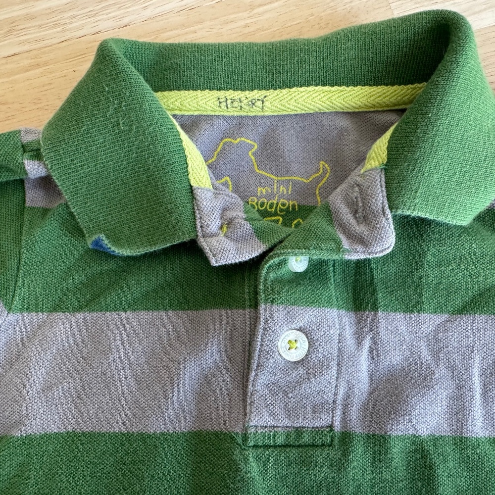 Mini Boden Piqué Polo Shirt, Gray/Green Stripe, 3T–4T - Picture 2 of 11